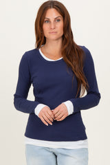 Navy Ribbed Long Sleeve Double Layer Top