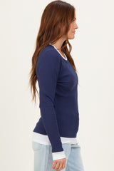 Navy Ribbed Long Sleeve Double Layer Top