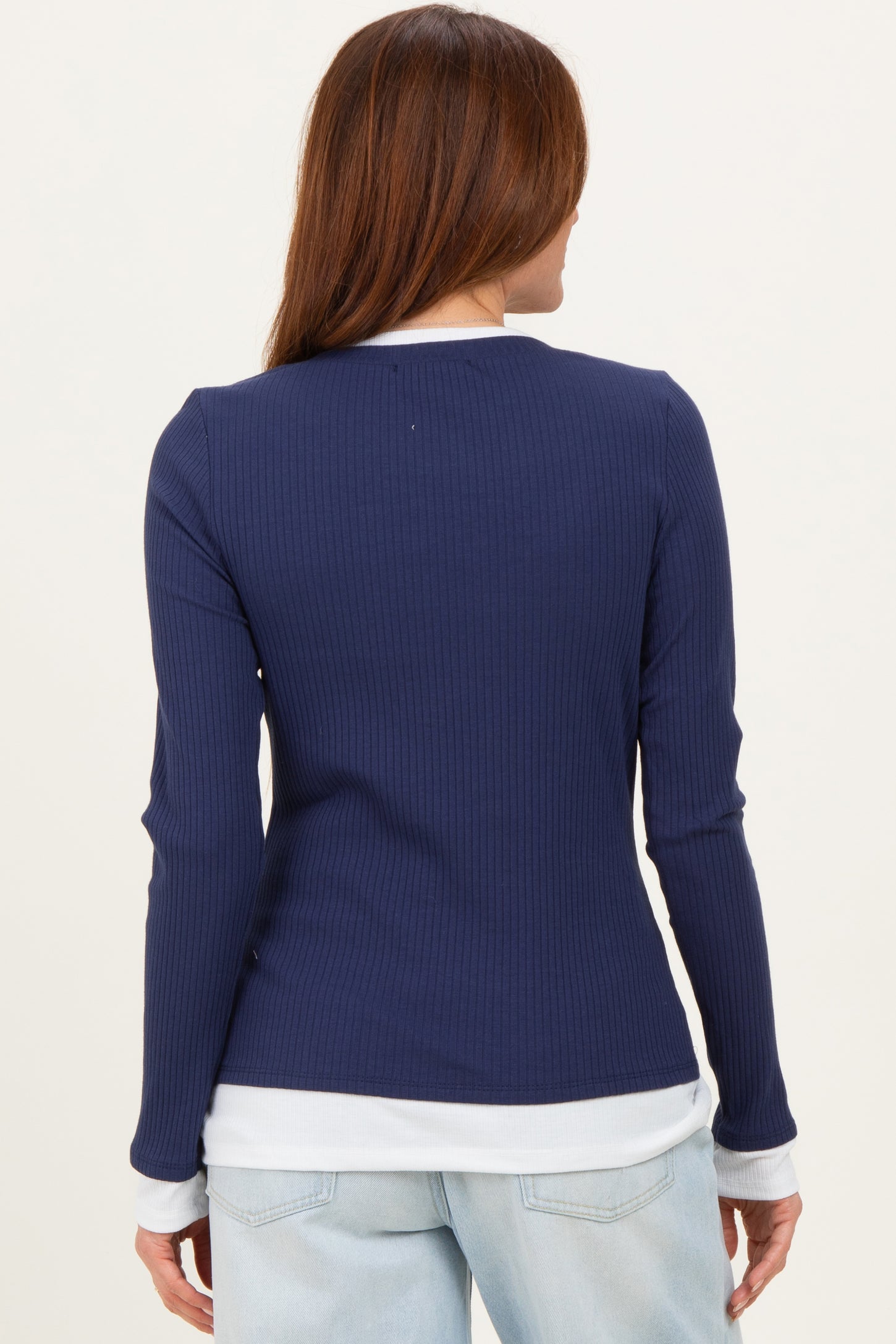 Navy Ribbed Long Sleeve Double Layer Top