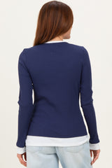 Navy Ribbed Long Sleeve Double Layer Top
