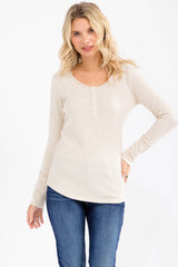 Oatmeal Pointelle Knit Henley Top