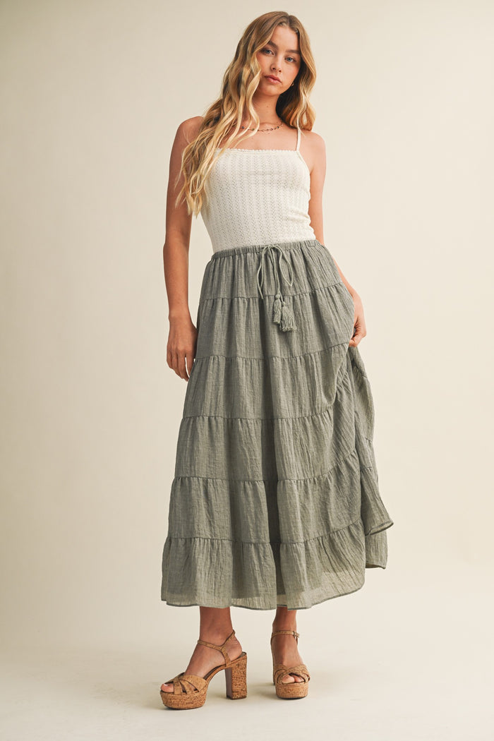 Light Olive Tiered Drawstring Maternity Maxi Skirt