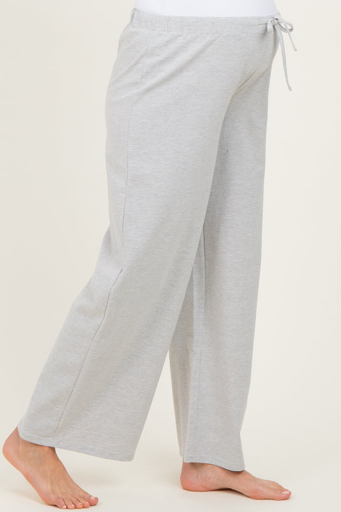 maternity wear gray wide-leg pants with an adjustable drawstring waist and a relaxed fit, model showing a baby bump