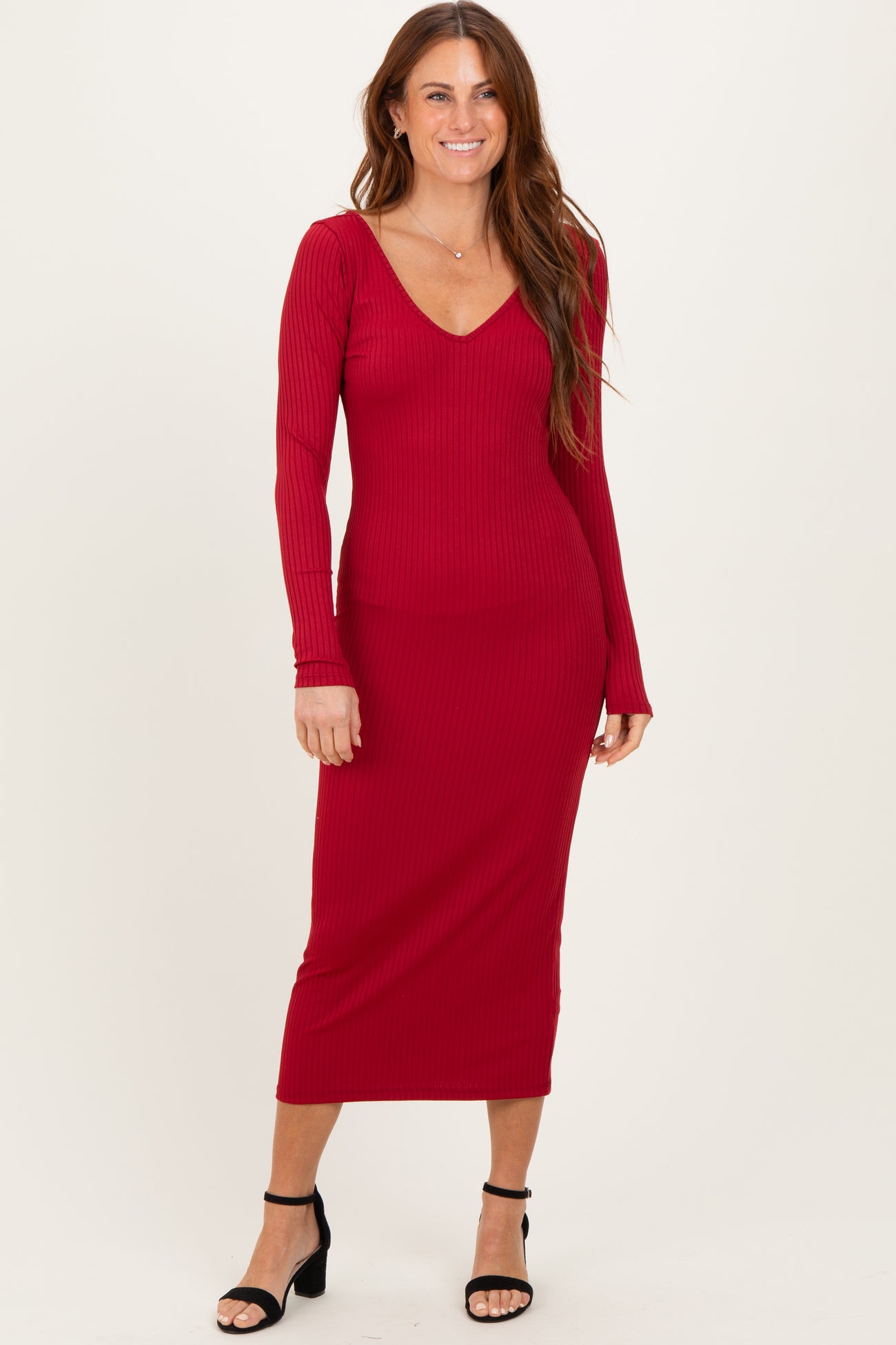 Dark Red V-Neck Long Sleeve Fitted Maternity Maxi Dress