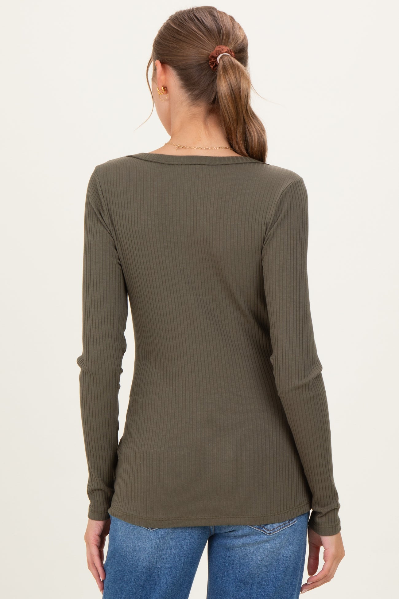 Olive Ribbed Long Sleeve Button Town Maternity Top