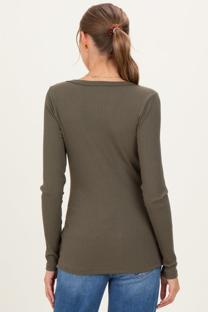 Olive Ribbed Long Sleeve Button Town Maternity Top