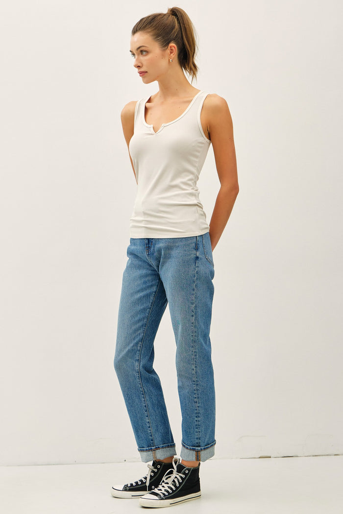 Cream Ribbed Split Neck Tank Top