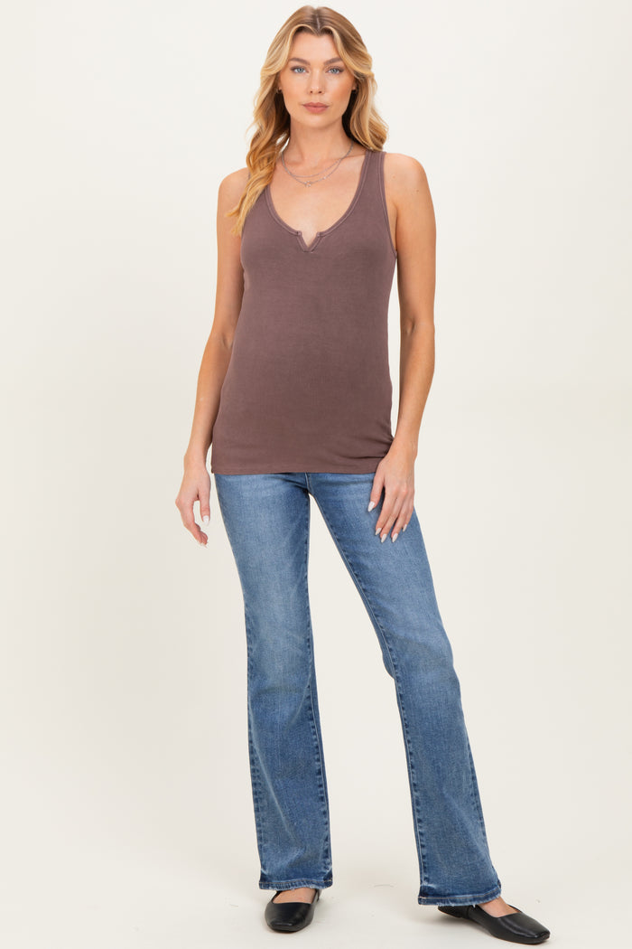 Brown Ribbed Split Neck Maternity Tank Top