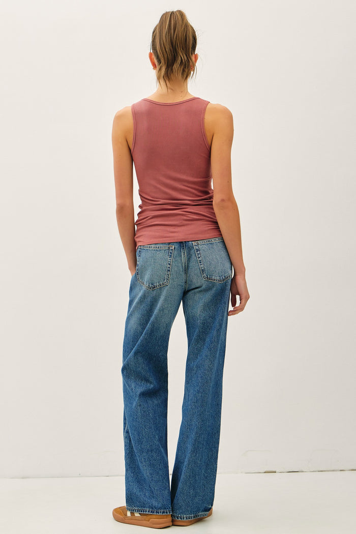 Rust Ribbed Split Neck Tank Top