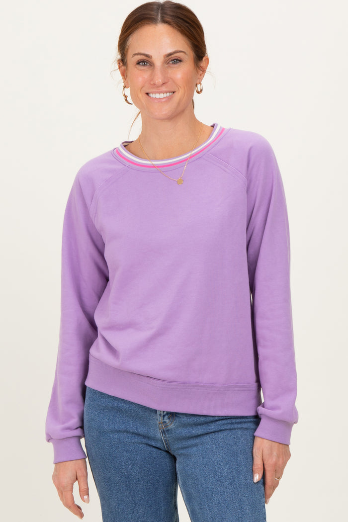 Violet Striped Neckline Terry Sweatshirt