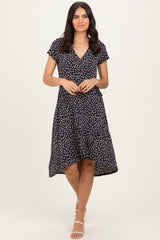 Navy Printed V-Neck Midi Wrap Dress