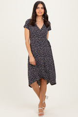 Navy Printed V-Neck Midi Wrap Dress