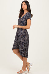 Navy Printed V-Neck Midi Wrap Dress