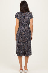 Navy Printed V-Neck Midi Wrap Dress