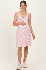 Cream/ Pink Striped Sleeveless Halter Maternity Mini Dress