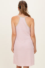 Cream/ Pink Striped Sleeveless Halter Maternity Mini Dress