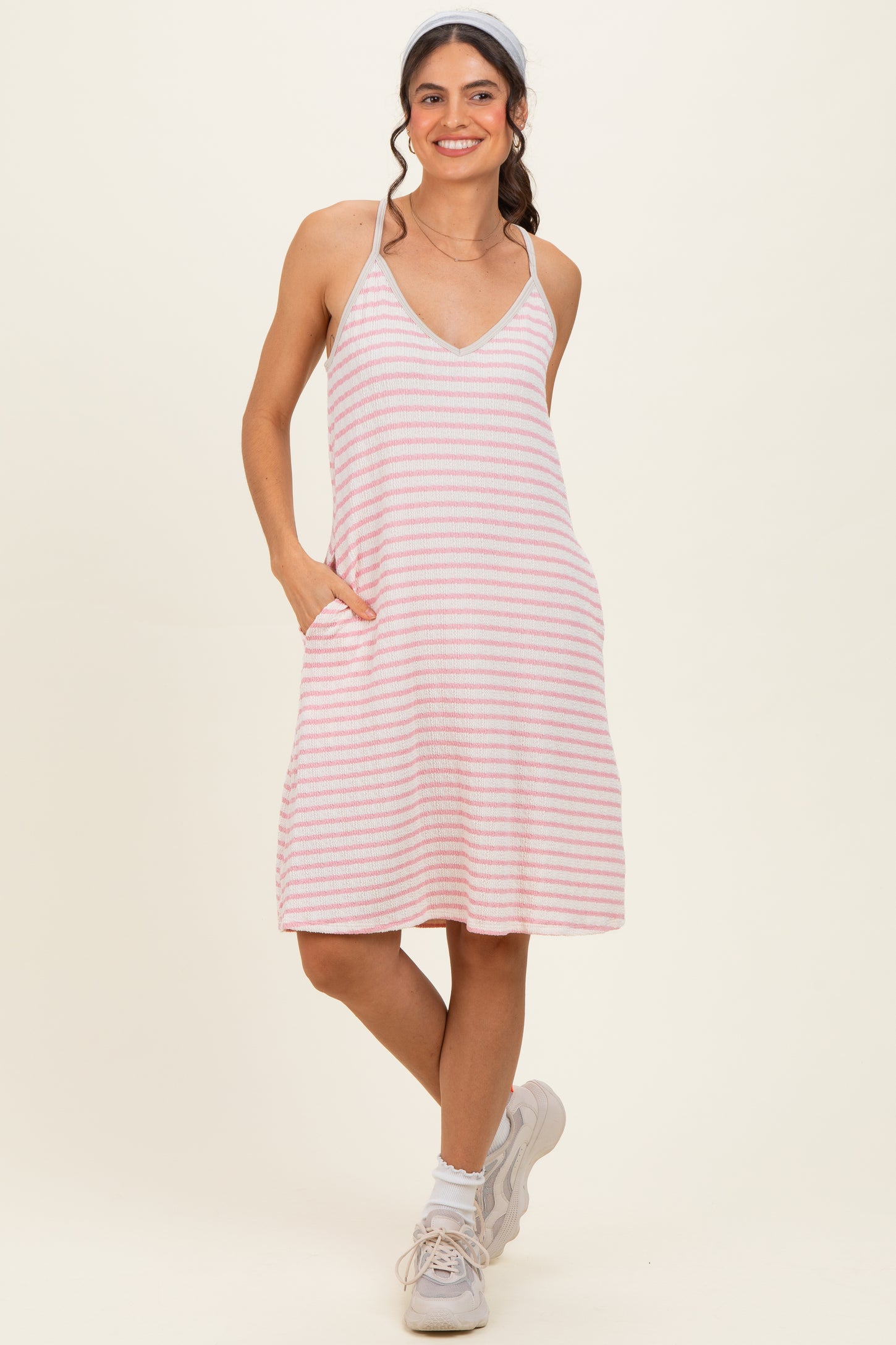 Cream/ Pink Striped Sleeveless Halter Maternity Mini Dress