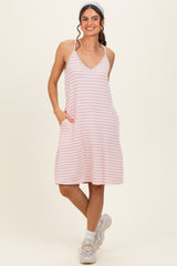 Cream/ Pink Striped Sleeveless Halter Maternity Mini Dress