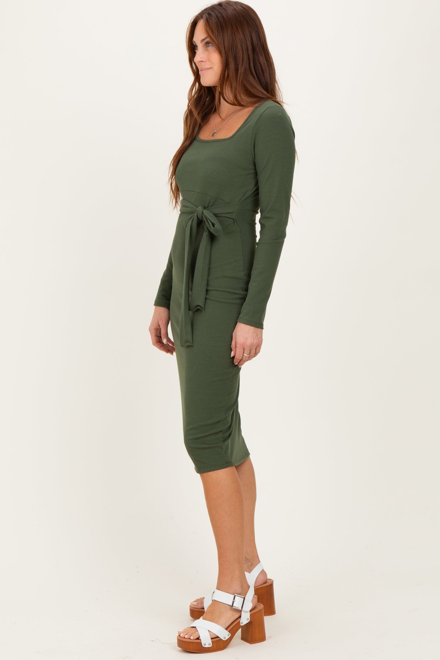 Olive Ribbed Long Sleeve Square Neck Tie Belt Midi Dress