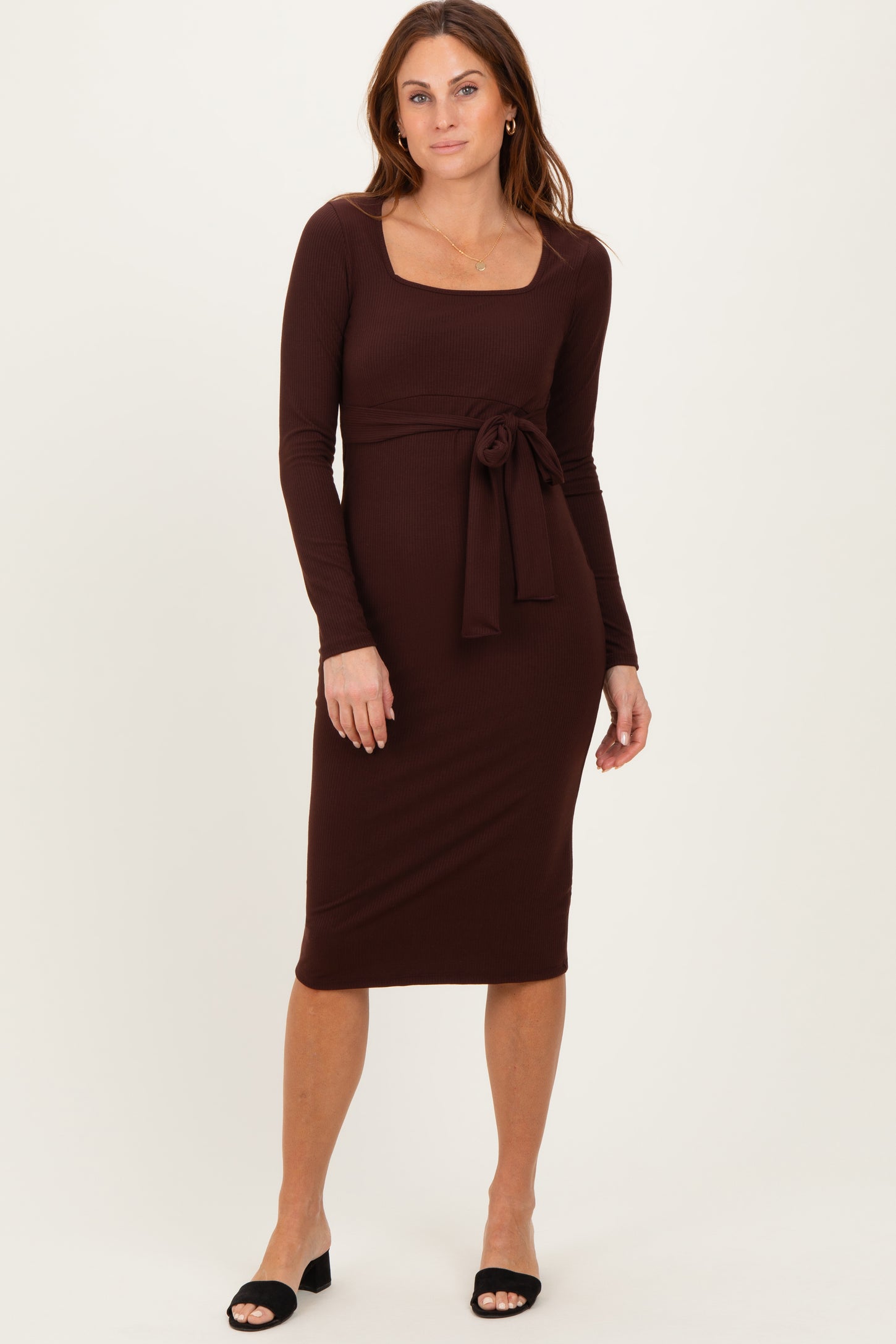 Brown Ribbed Long Sleeve Square Neck Tie Belt Maternity Midi Dress