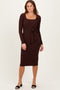 Brown Ribbed Long Sleeve Square Neck Tie Belt Midi Dress
