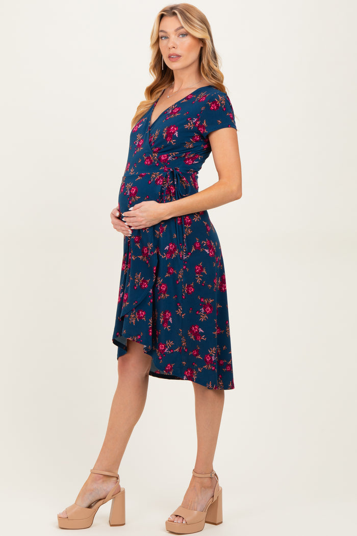 Navy Floral Maternity/Nursing Wrap Midi Dress