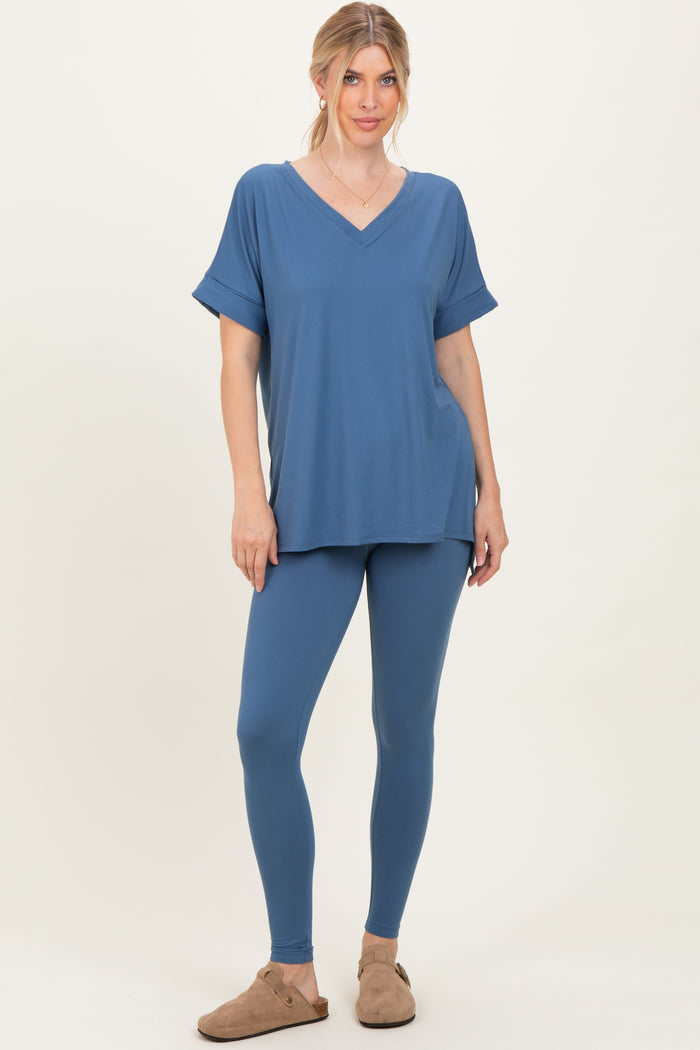 Dusty Blue Oversized V-Neck Tee Legging Maternity Lounge Set