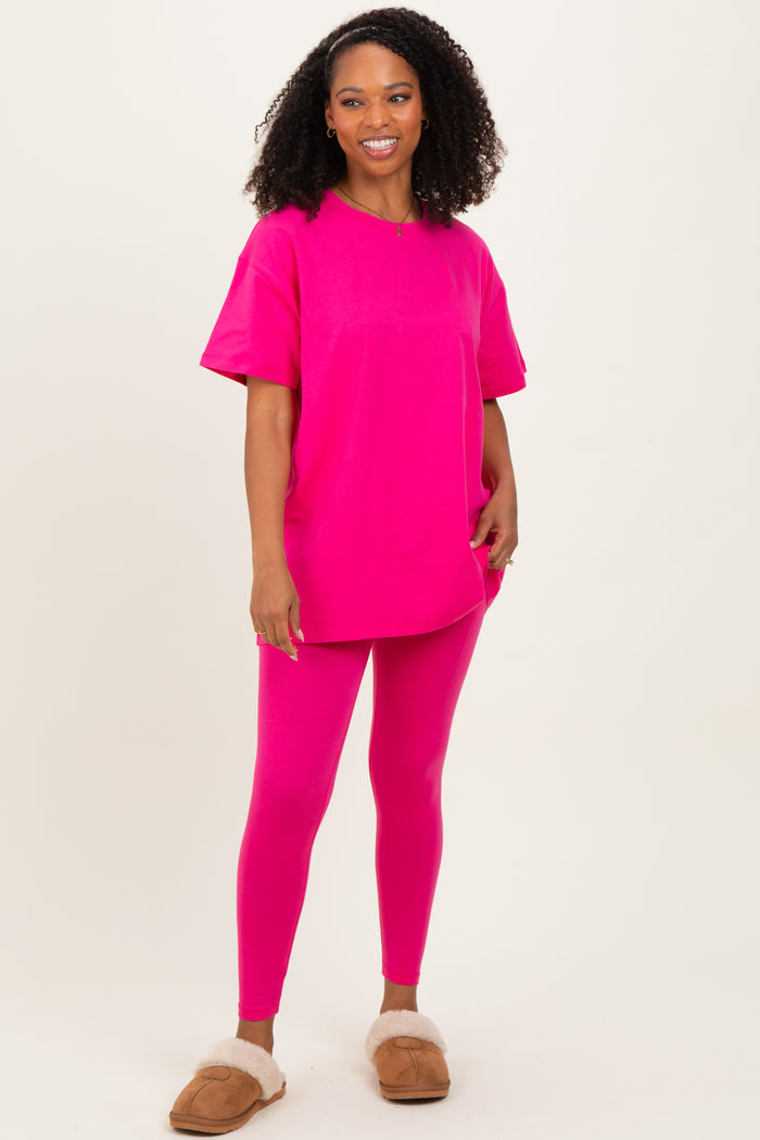 Hot Pink Oversized Crewneck Short Sleeve and Legging Maternity Set