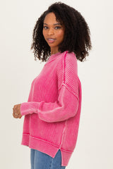 Hot Pink Washed Side Slit Oversized Sweater