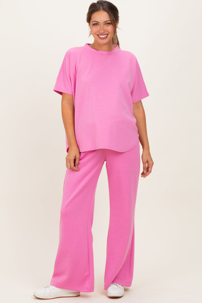 Pink Curved Hem Tee Pants Maternity Lounge Set