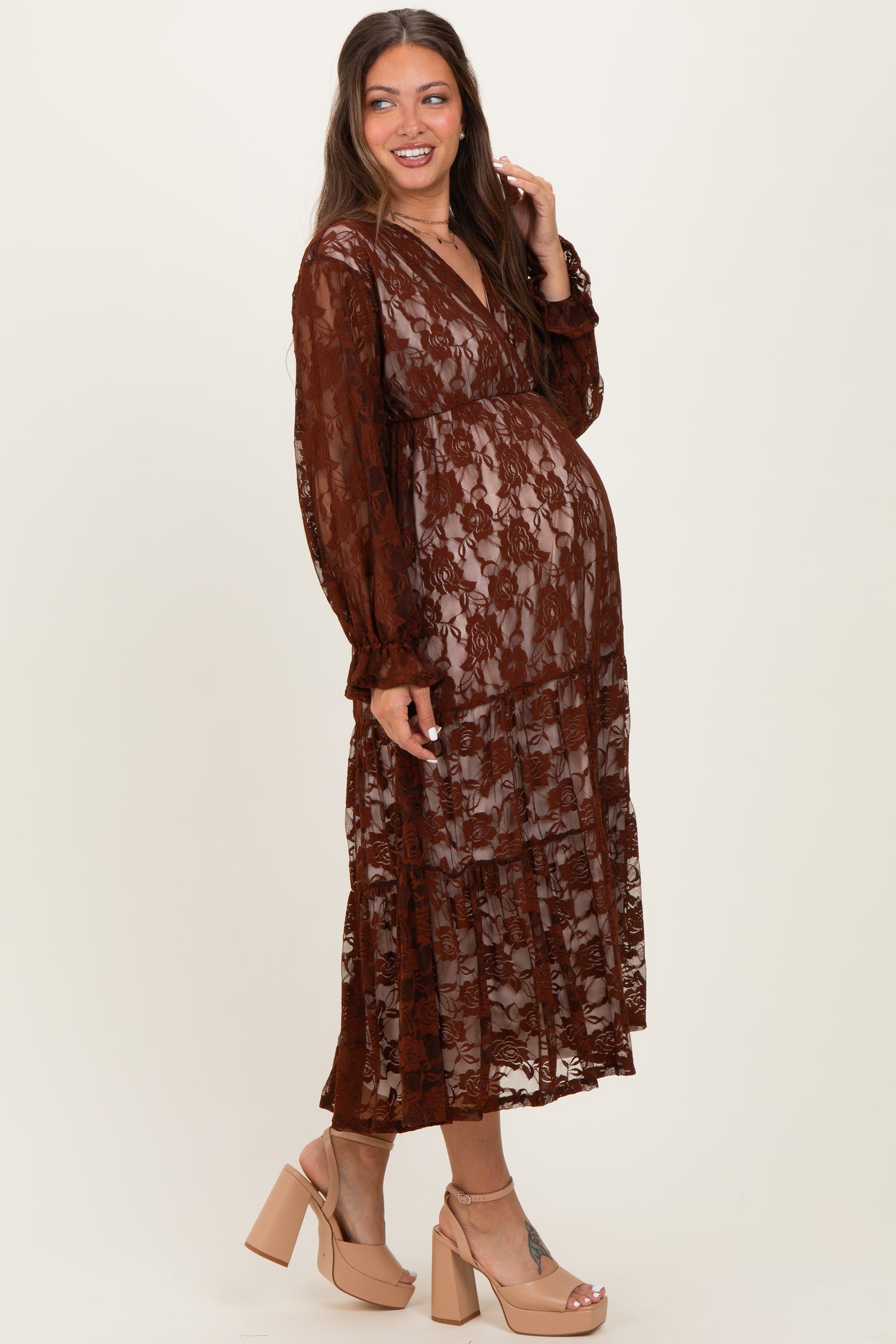 Brown Floral Lace Long Sleeve V-Neck Maternity Maxi Dress