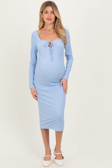 Light Blue Ribbed Long Sleeve Squareneck Fitted Maternity Midi Dress