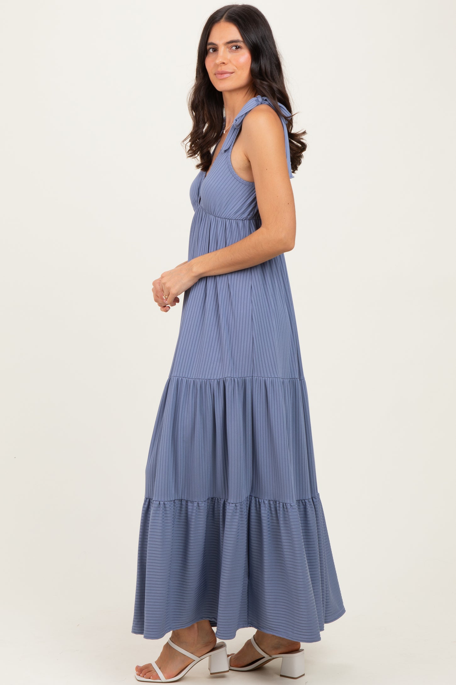 Blue Shoulder Tie Ribbed Tiered Maxi Dress