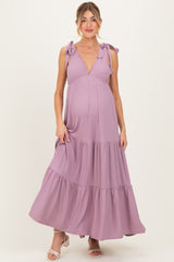 Violet Shoulder Tie Ribbed Tiered Maternity Maxi Dress