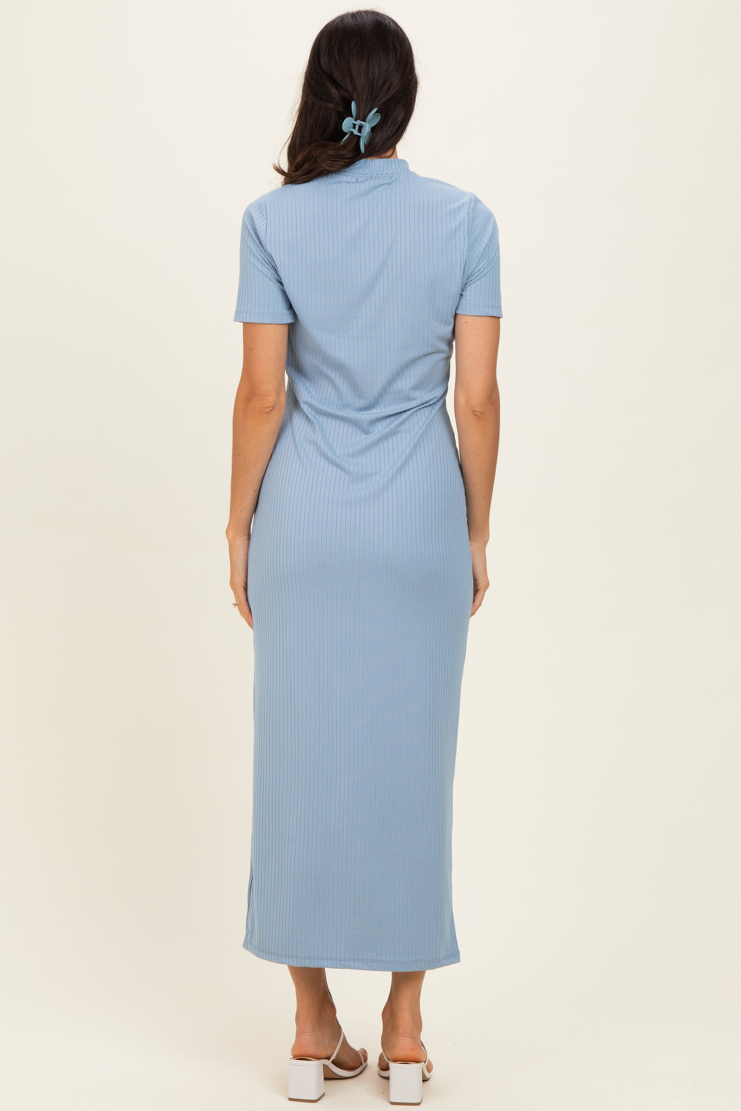 Blue Ribbed Mock Neck Short Sleeve Midi Dress