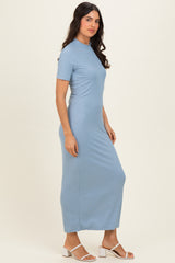Blue Ribbed Mock Neck Short Sleeve Midi Dress