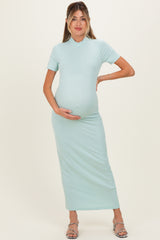 Mint Ribbed Mock Neck Short Sleeve Maternity Midi Dress
