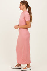 Pink Ribbed Mock Neck Short Sleeve Midi Dress