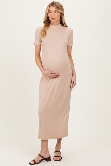 Taupe Ribbed Mock Neck Short Sleeve Maternity Midi Dress