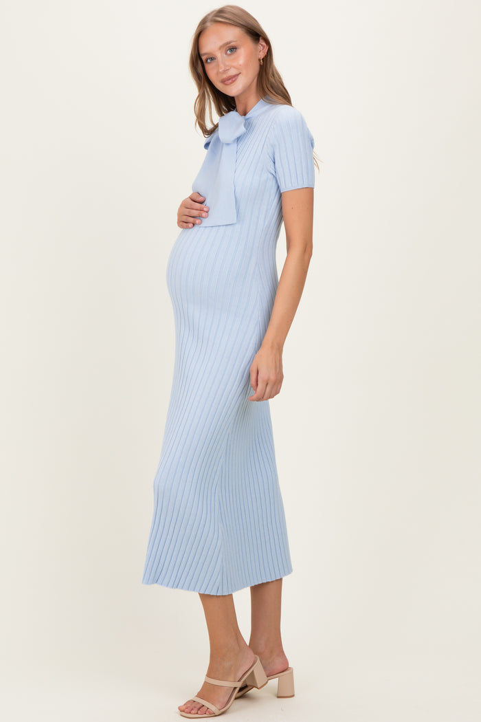 Sky Blue Ribbed Knit Tie Neck Maternity Midi Dress