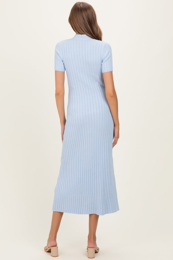 Sky Blue Ribbed Knit Tie Neck Maternity Midi Dress