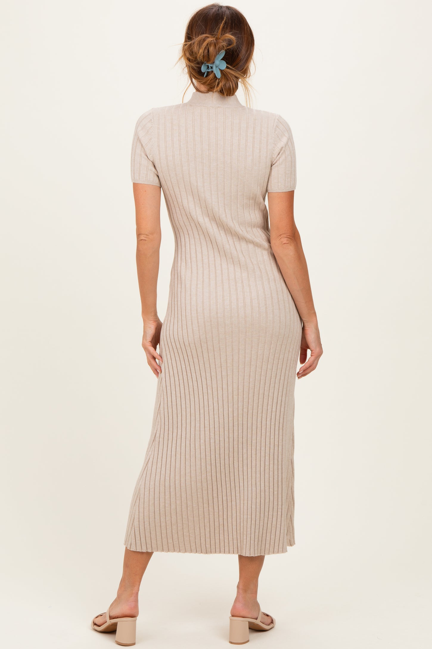 Oatmeal Ribbed Knit Tie Neck Midi Dress
