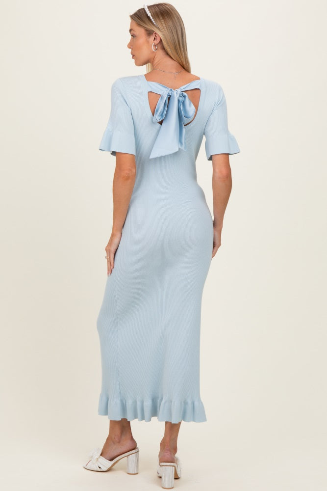 Sky Ribbed Knit Bow Back Ruffle Accent Maternity Dress