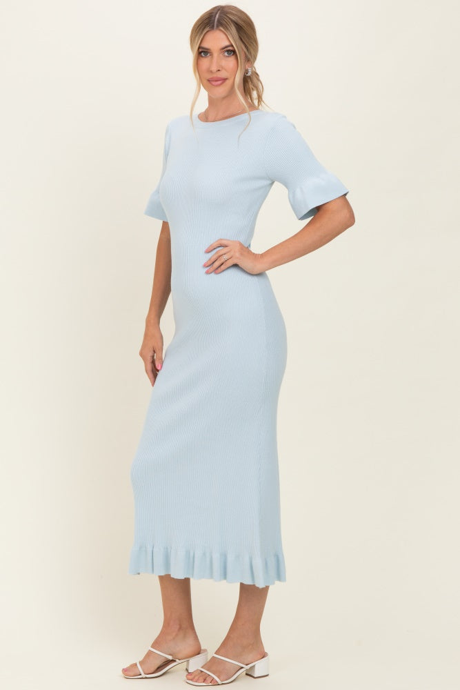 Sky Ribbed Knit Bow Back Ruffle Accent Dress