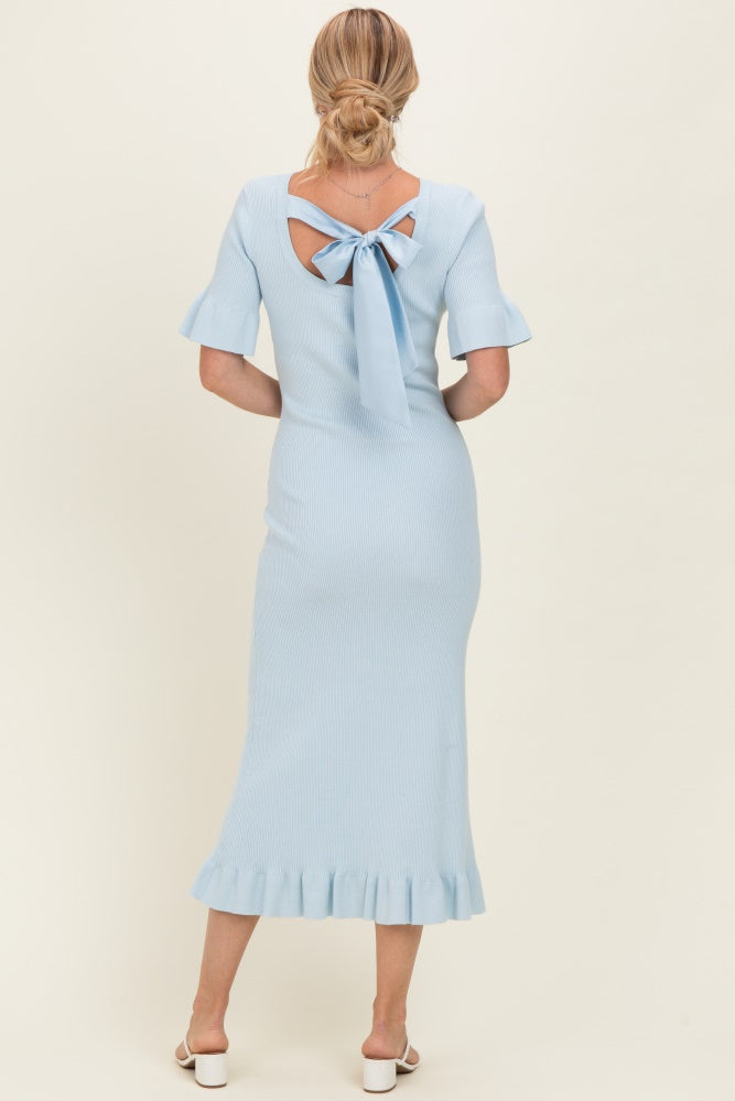 Sky Ribbed Knit Bow Back Ruffle Accent Dress