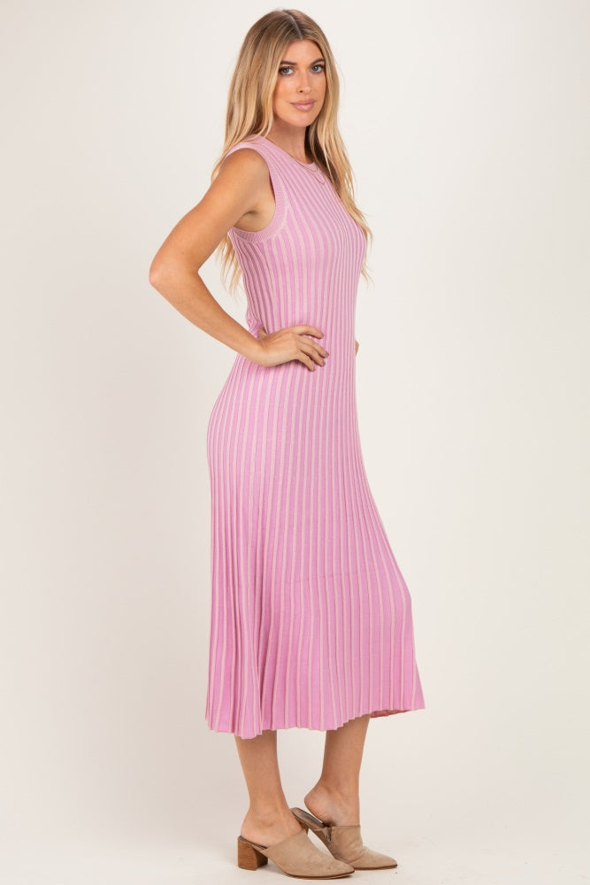 Pink Ribbed Knit Sleeveless Maxi Dress