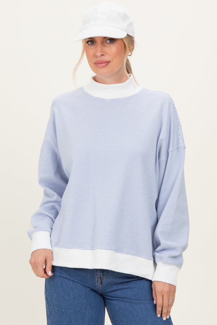 Light Blue Striped Mock Neck Maternity Sweatshirt