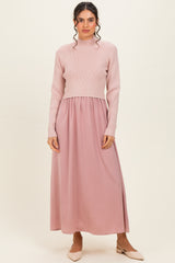 Mauve Knit Contrast Top Satin Midi Dress