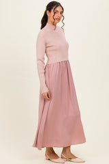 Mauve Knit Contrast Top Satin Midi Dress