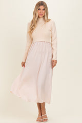Light Beige Knit Contrast Top Satin Midi Dress